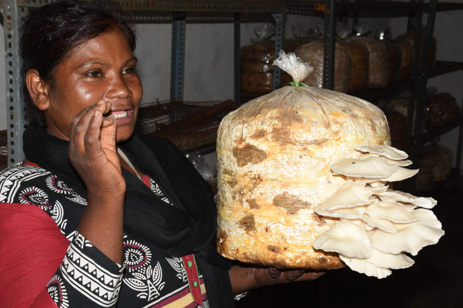 A woman holding a mushroom bag explains the mushroom farming process.
