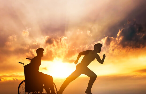 A disabled man in a wheelchair dreaming of running again.