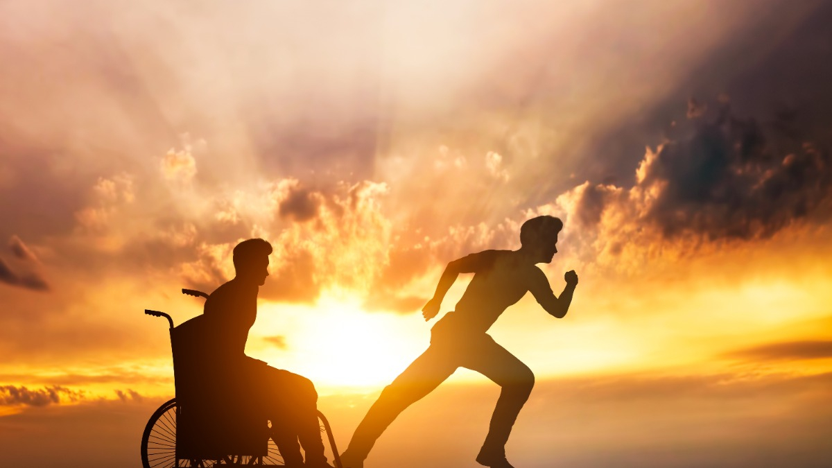 A disabled man in a wheelchair dreaming of running again.