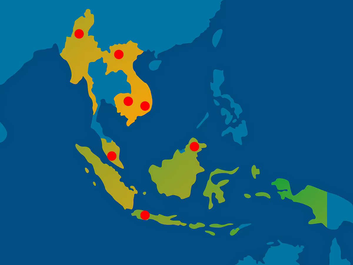 Map of South East Asia showing RYTHM Foundation project locations